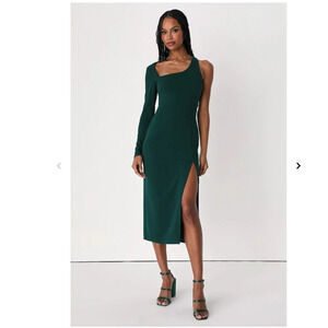 Lulus Stunning Emerald Green Asymmetrical Long Sleeve Midi Dress Sz Small NWT